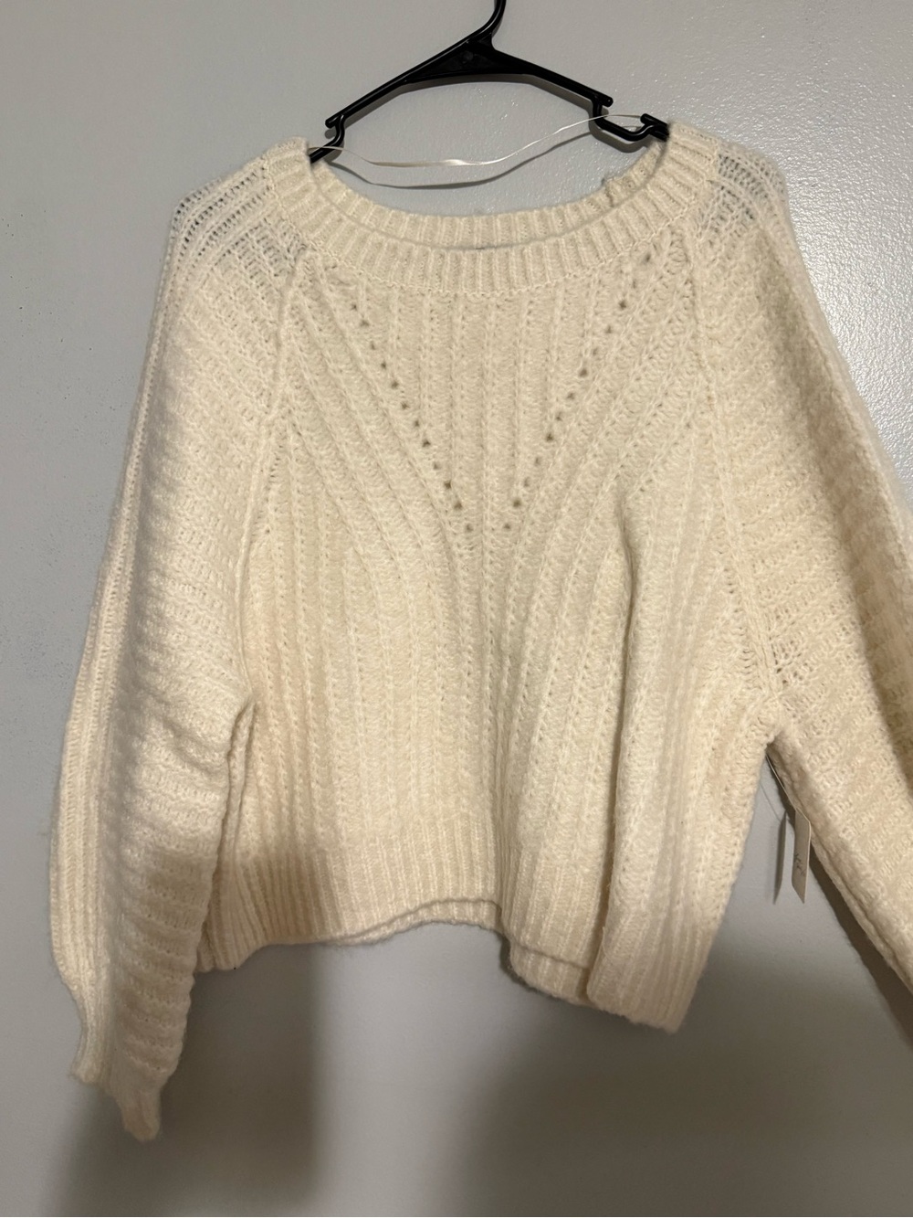 Free People Cream Ribbed Crewneck Sweater
